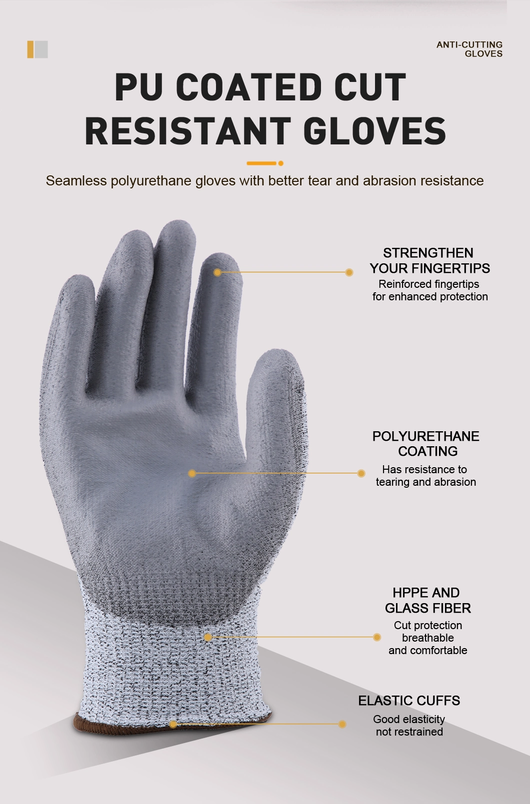 CE Hppe Seamless Hand Protect Mechanic Work Safety Working White PU Anti Cut Proof White Cut Resistant Labor Glove