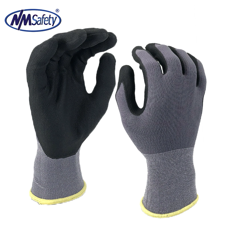 Nmsafety Spandex Nylon Palm Coated Micro Foam Nitrile High Dexterity Hand Safety Glove