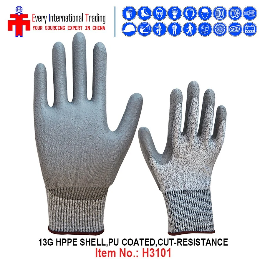 Anti-Cut 13G Gray Hppe Gray PU Palm Coated Industrial Garden Clean Household DIY Tools Hardware Auto Cut-Resistance Safety Work Gloves