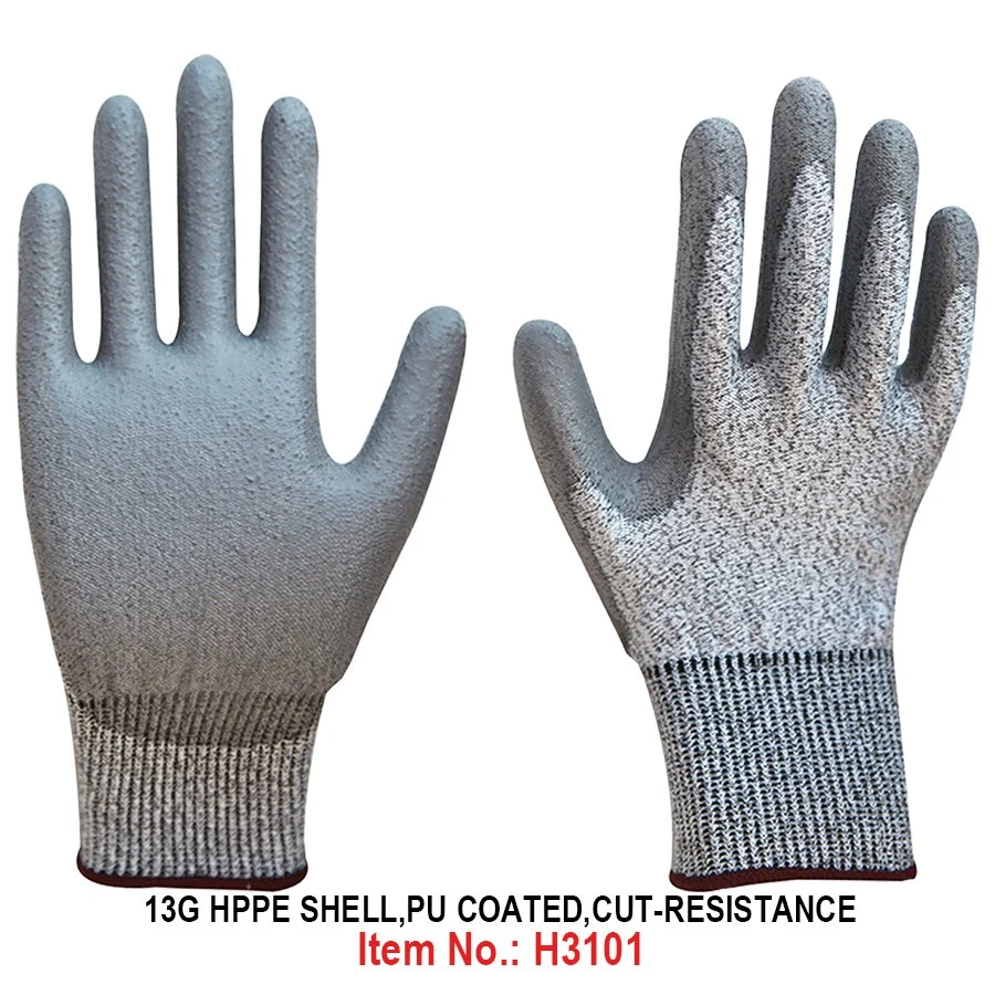 Anti-Cut 13G Gray Hppe Gray PU Palm Coated Industrial Garden Clean Household DIY Tools Hardware Auto Cut-Resistance Safety Work Gloves